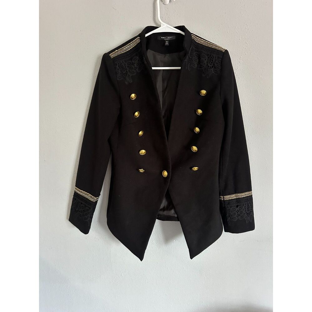 Romeo + Juliet Couture Military Blazer Black Gold Button Jacket Women M - Picture 9 of 10